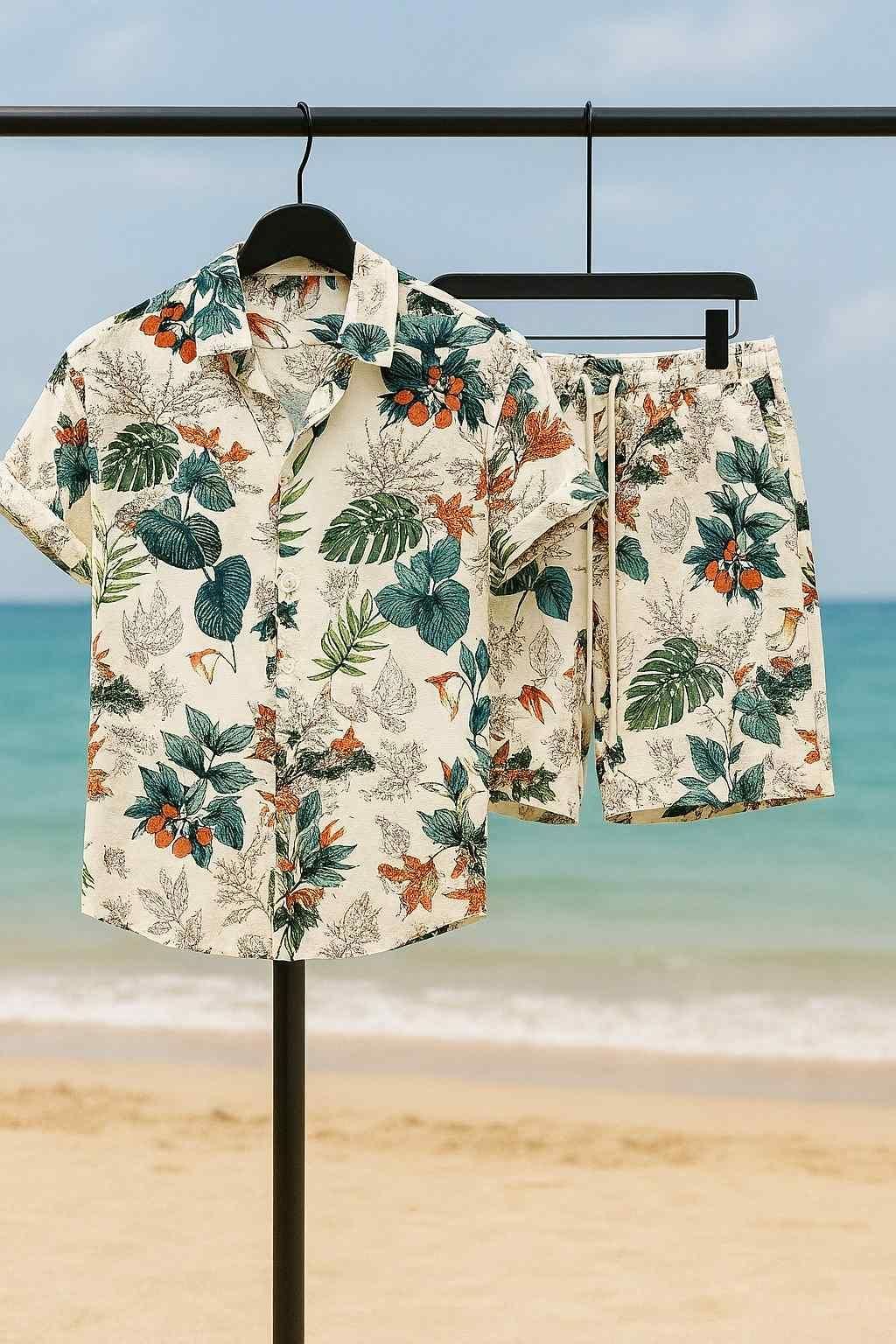 Casual Vacation-Style Printed Short & Shirt Co-ord Set For Men�(2pcs Set)